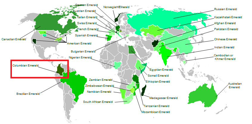 World map of emerald regions - Columbia hilighted