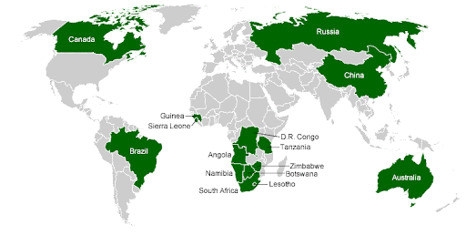 This map shows countries with at least 50,000 carats of natural gem-quality diamond production in 2019. The map clearly shows that natural diamond production occurs in many parts of the world