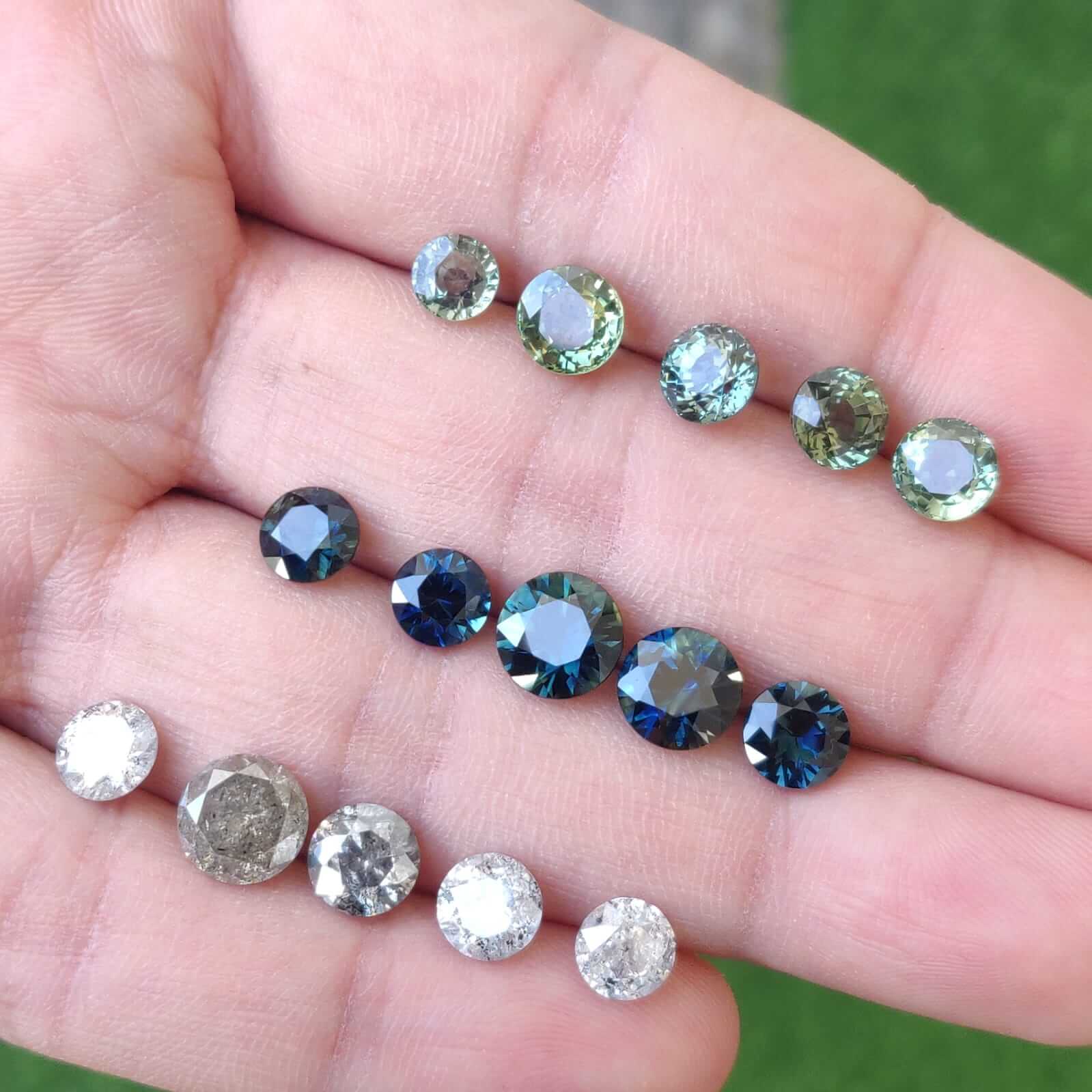 Top to bottom, Green Sapphires; Teal and mermaid sapphires; Salt and Pepper Diamonds