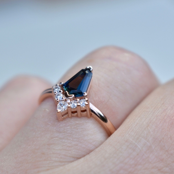 Kite shaped teal sapphire ring